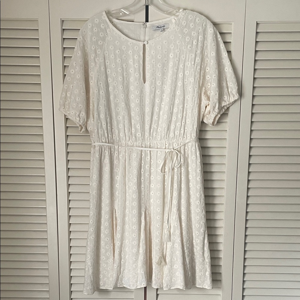 NWT Madewell Eyelet Tassel-Tie Mini Dress Sz 10 cream fully lined short sleeve